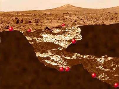 This illustration shows what a swarm of mini probes might look like exploring the surface of Mars.