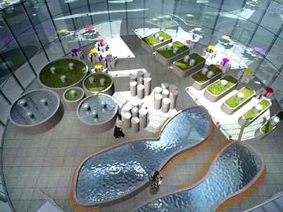 The garden inside the cell-shaped building designed by Sloan Kulper (S.B. 2003) and Audrey Roy (S.B. 2005) would include such biologically inspired features as pools in the shape of endosomes, left, and mitochondria.