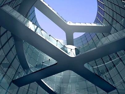 This illustration shows the interior atrium, featuring bridges representing X and Y chromosomes, designed by Sloan Kulper (S.B. 2003) and Audrey Roy (S.B. 2005) for their cell-shaped building, which will house the Institute for Nanobiomedical Technology and Membrane Biology in Chengdu, China.