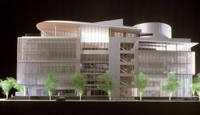 This model shows the South Facade of the new Media Lab viewed from Amherst Street.