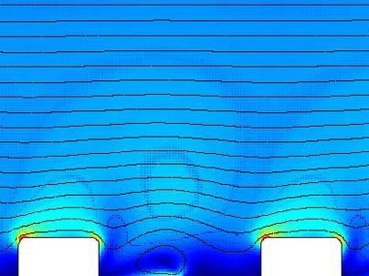This simulation of three-dimensional alternating current electro-osmosis shows liquid flowing around stepped electrodes. The "fluid conveyor belt" allows fluid to be rapidly pumped through microchannels.