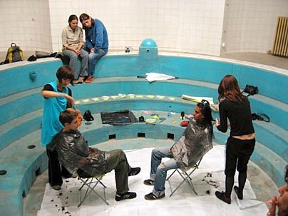 A 'haircutting intervention' in Belgrade, was among the Lost Highway's roadside attractions. Azra Aksamija, graduate student in architecture and the Aga Khan program, was a project organizer.