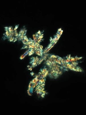 A zoomed view of a bright, ordered domain in the nanocomposite. Upon heating to temperatures above 120 degrees Celsius, the bright domains disappear. But upon annealing the material at 60 degrees C for 68 hours, the bright domains re-appear. Image width=0.18 mm.