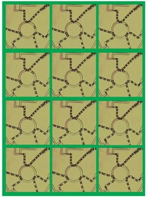 A colored montage of a ring oscillator used in the microfluidic computer developed by researchers at MIT. Starting with top left image, and reading left to right, the yellow bubble flows around the ring until it reaches and joins a stream of bubbles.