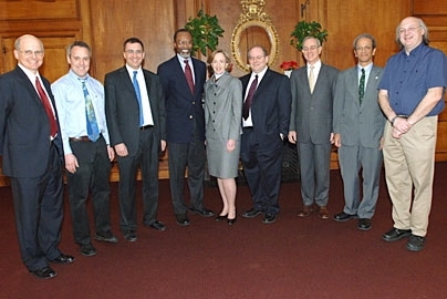 This year's MacVicar Faculty Fellows were feted at the annual MacVicar Day on March 2. From left to right, MacVicar Fellow Charles E. Leiserson of electrical engineering and computer science, MacVicar Fellow Yoel Fink of materials science and engineering, MacVicar Fellow Jonathan Gruber of the Sloan School of Management, Chancellor Phillip Clay, President Susan Hockfield, MacVicar Fellow James R. ...