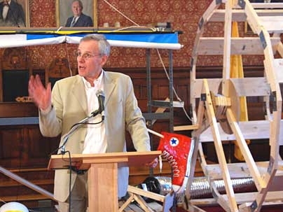 John Durant, director of the MIT Museum, speaks at the April 21 kickoff event for the Cambridge Science Festival, in front of the "kickoff contraption."