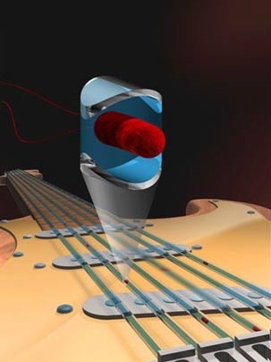 This illustration shows an artistic depiction of the concept that enables measuring the mass of a single bacterium and single nanoparticles in fluid with a very high resolution. A hollow resonator, represented by a hollow, fluid-filled guitar string, vibrates while small particles, represented here by a red bacterium, flow through it. As the particles flow through the resonator, they change the fr...