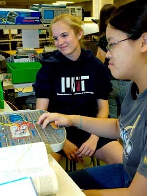 WTP students Kristen Whaley 2011 (left) and Andrea Wang work on their final EE projects.