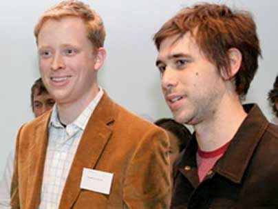 Thaddeus Jusczyk and James Graham at the Holcim Forum 2007 awards ceremony. The two MIT students won first place for their plan to harness the energy of crowds.