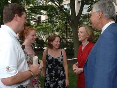 Freshman Emily Prentice, mom Diane and dad (far left) Bill, from Vienna, Va. greet President Susan Hockfield and husband Dr. Thomas Byrne in receiving line after Convocation Sunday, Aug. 26 on Killian Court. <a onclick="MM_openBrWindow('convoc-1-enlarged.html','','width=509, height=583')">
<span onmouseover="this.className='cursorChange';">Open image gallery</span>
</a>
<noscript> <a href="conv...