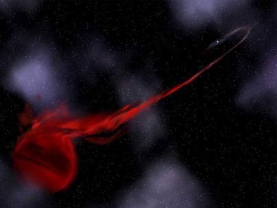 In this artist depiction of the SWIFT J1756.9-2508 system, the foreground object is the planet-mass object. The pulsar, located at the upper right, is tidally distorting the companion into a teardrop-shaped object, and ripping gas from it. This material flows in a stream toward the pulsar and forms a disk around it. Eventually, enough gas builds up in the disk to produce an outburst bright enough ...