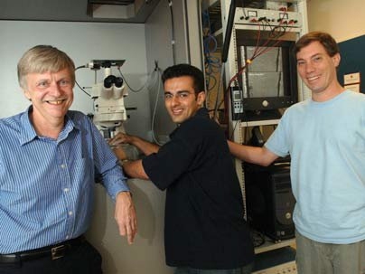 MIT Professor Dennis Freeman, left, graduate student Roozbeh Ghaffari  and research scientist Alexander J. Aranyosi have found that the tectorial membrane, a gelatinous structure inside the cochlea of the ear, is much more important to hearing than previously thought.