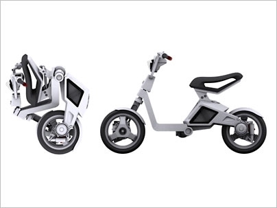 The MIT-designed electric scooter, shown folded up at left.