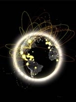 NYTE's Globe Encounters visualizes in real time the volumes
  of Internet data flowing between New York and cities around the world. The
  size of the glow on a particular city location corresponds to the amount of
  IP traffic flowing between that place and New York City. <a href="http://senseable2.mit.edu/nyte/images/hres/01%20nyte%20-%20globe%20encounters.tif"><strong>Full-size image</strong...