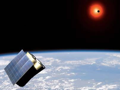 An artist's representation of a proposed satellite that would be used to view distant planets. A planet is transiting a star in the background.