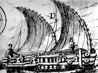 An early 17th-century sketch of a raft by the Dutch envoy Joris von Spilbergen in 'Speculum Orientalis Occidentalis que Indiae Navigation.'