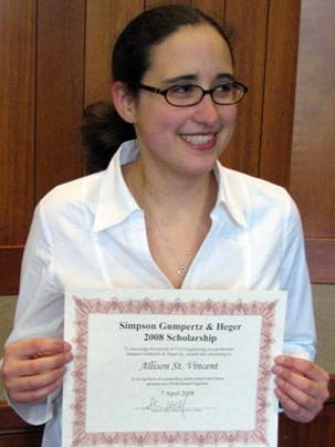 Junior Allison St. Vincent won a $5000 Simpson Gumpertz &amp; Heger  Scholarship for her essay calling for an interdisciplinary approach across the subdisciplines of the civil and environmental engineering fields to help ensure that engineers implement sustainable solutions.