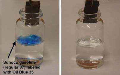 MIT has developed a new material for absorbing oil and other organic pollutants. Here the material is used to remove a layer of gasoline (dyed blue) from a vial of water.