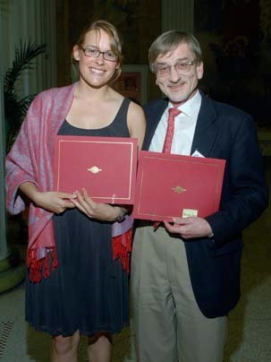 After the Department of Civil and Environmental Engineering awards dinner, Gwen Johnson, a junior from Scottsdale, Ariz., who won the Steinberg Prize for outstanding academic achievement stands with Professor Ole Madsen, recipient of the department's Maseeh Award for excellence in teaching.