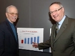 MIT Institute Professor Thomas L. Magnanti, left, who was instrumental in the founding and funding of OpenCourseWare Highlights for High School, and Michael Contompasis, chair of the Massachusetts Math &amp; Science Initiative, survey graphs of projected AP course enrollment at the kick-off event for the initiative Wednesday morning at MIT.