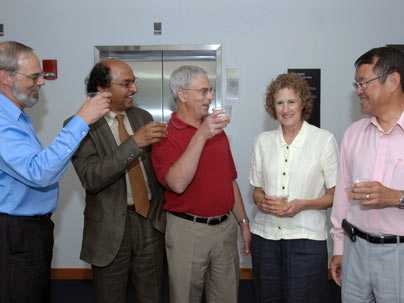 Eric Grimson, Department head of Elecrtrical engineering and Computer Science and the Bernard M. Gordon Professor of Medical Engineering, left, Bish Sanyal, head of the faculty and Ford Professorof Urban Studies and Planning, John V. Guttag, Jackon Professor of Computer Science and Engineering, Barbara Liskov, Institute Professor, Associate Provost for Faculty Equity, and Victor Zue, Director of C...