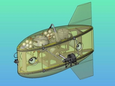 Schematic shows Odyssey IV, a small, inexpensive, MIT-designed robotic submarine that can hover in place like a helicopter.