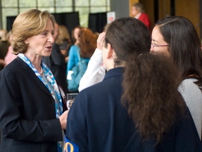 President Susan Hockfield talks with students during the lunch after the event.