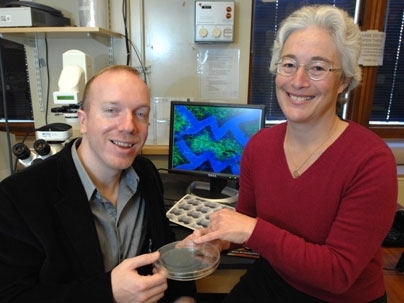 Principal research scientist with Harvard-MIT Health Sciences Lisa Freed, left, and George Engelmayr Jr., post-doc in Harvard-MIT Health Sciences report new scaffold (shown on monitor)for tissue engineering of the heart.