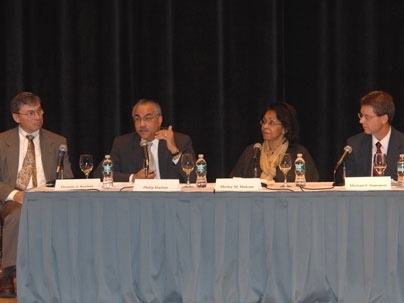 Thomas A. Kochan, George Maverick Bunker Professor of Management at the Sloan School, left, moderates a panel discussion at the Diversity Leadership Congress.Panelists are Philip Harlow, chief diversity and labor relations officer, Xerox Corporation who is speaking;  Shirley M. Malcom, PhD, head of the Directorate for Education and Human Resources Programs, American Association for the Advancement...