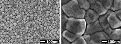 SEM images of a CU2O thin film solar cell material without (left) and with (right) improved grain size control during growth.