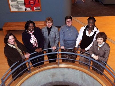 MIT's Medical's Department Diversity Steering Committee: From left to right, Debbie Friscino, Lisa Owens, Winnie Dansby, Dian Magnuson, Leslie Patton and Annette Jacobs. Committee member Rosie Huntress is not pictured.