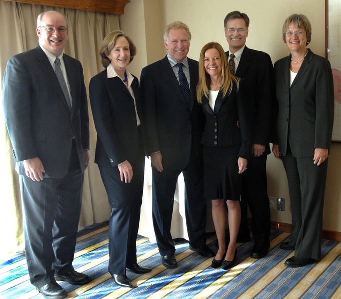 From left, Dr. Peter Slavin, president of Massachusetts General Hospital, MIT President Susan Hockfield, Phillip (Terry) and Susan Ragon, Dr. Bruce Walker of MGH, and Harvard University President Drew Faust gather at the announcement of the Ragons' 10-year, $100 million grant to found the Ragon Institute, which aims to develop an AIDS vaccine.