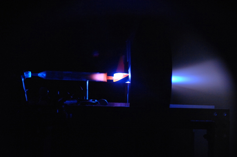 The prototype of a new plasma rocket is tested in the lab of Department of Aeronautics and Astronautics principal researcher Oleg V. Batishchev at MIT.