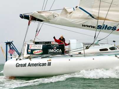 Rich Wilson SM '76 aboard his 60-foot racing yacht, Great American III, as he competes in the Vendée Globe solo sailboat race.