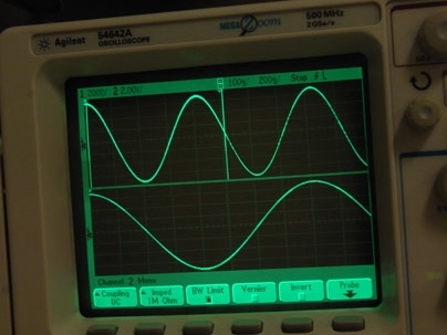 Oscilloscope traces showing the doubling in frequency of an electromagnetic signal processed through their experimental graphene microchip.