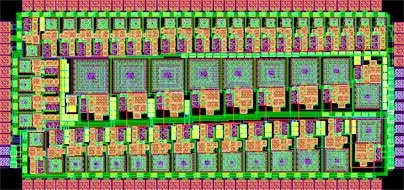 This diagram shows the wiring layout of the radio chip designed by Rahul Sarpeshkar to mimic the human cochlea.