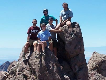 A group picture atop Mt. Lassen.  From left: Etienne Medard, Jay Barr, Christy Till, Mike Krawczynski and Timothy Grove. Grove, Till and Medard are co-authors of the new report.