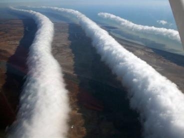 Photo of a Morning Glory cloud formation taken from a plane near Burketown, Australia.