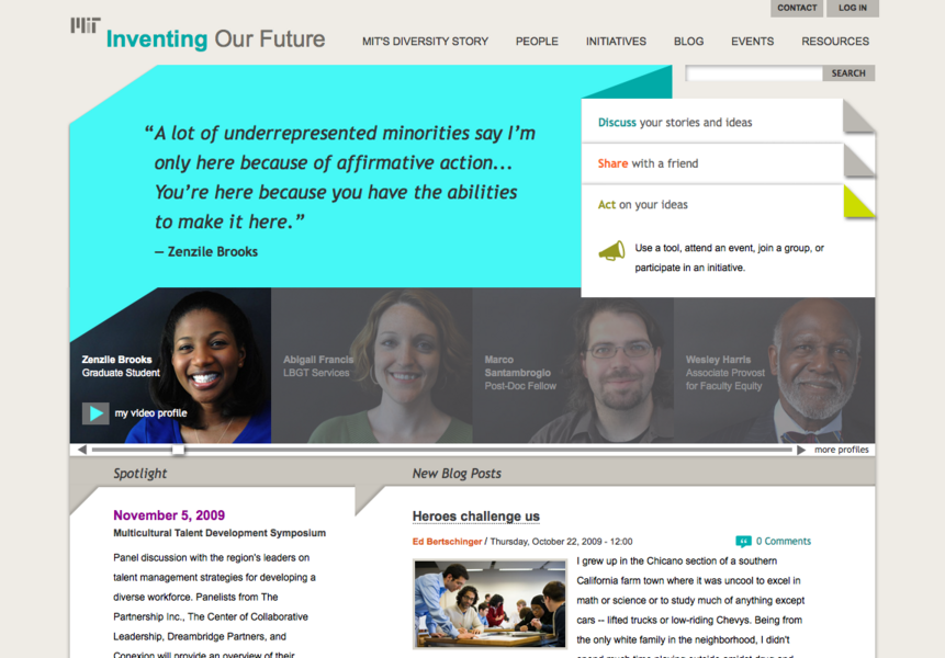 The "Inventing Our Future" webpage shows menu tags, text windows, and a search bar.
