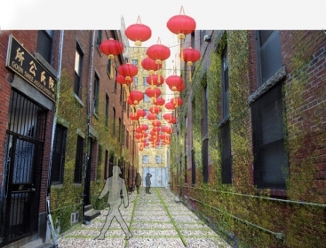 View down restored historic alley.