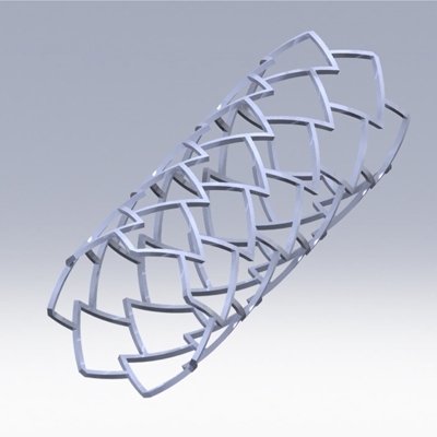 Pictured is a fully expanded three dimensional model of a stent having a repeated "delta-wing" shape cell design.