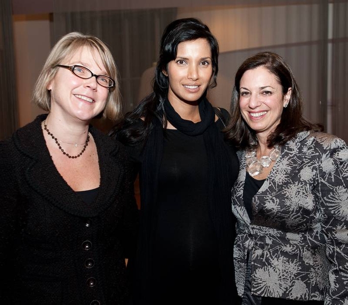 From left to right, Linda Griffith, professor of biological engineering and director of MIT’s Center for Gynepathology; actress Padma Lakshmi; and MIT Corporation member Susan Whitehead celebrate the launch of the new center.
