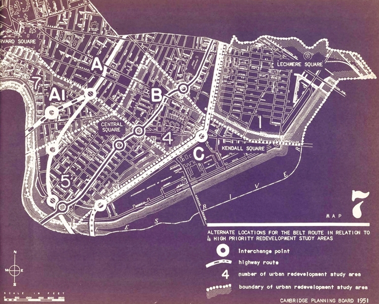 This 1951 map shows a proposed highway cutting through MIT. 