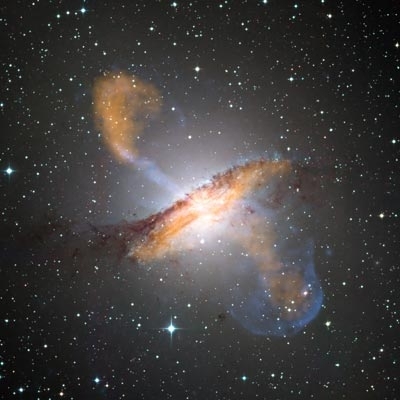 Color composite image of Centaurus A, revealing the lobes and jets emanating from the active galaxy’s central black hole.
