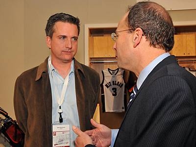 ESPN columnist Bill Simmons, left, listens to Jonathan Kraft, right, president of The Kraft Group, which owns the New England Patriots, at the MIT Sloan Sports Analytics Conference.