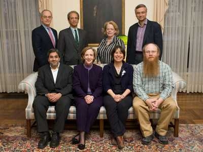 Standing, from left to right: Provost L. Rafael Reif, Daniel Hastings, Victoria MacVicar, Krishna Rajagopal. Seated, from left to right: Rajeev Ram, MIT President Susan Hockfield, Peko Hosoi and Norvin Richards.