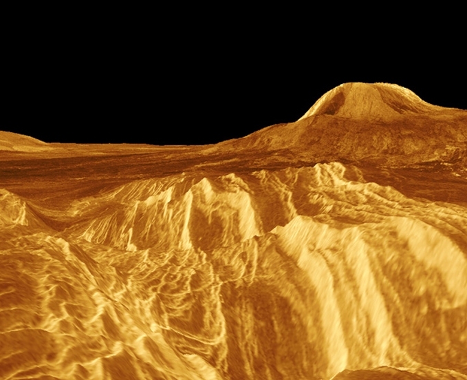 This computer-generated view of the surface of Venus was created from radar images taken during NASA’s Magellan mission during the 1990s. The images suggest that the Venus surface evolves through a periodic resurfacing process, possibly caused by volcanic activity.