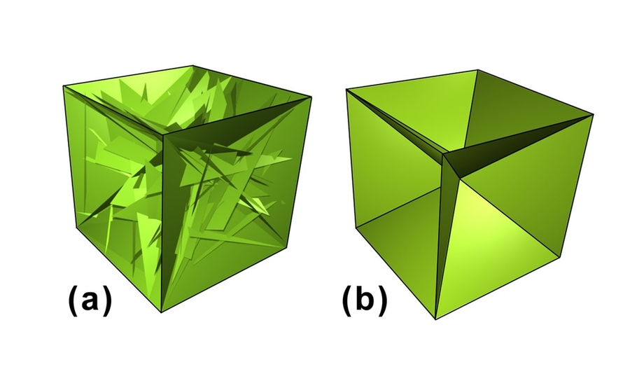 The shape on left was one of the most efficient ones generated by the program, but also one of the most complex. That complexity means it would be impractical to make, so the team produced a simplified version (right) that performed almost as well. Such forms could be designed to be shipped flat, then unfolded at their installation site to their full 3-D shape.