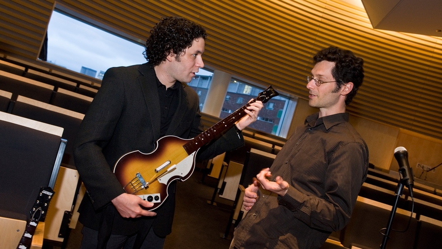 Gustavo Dudamel with Council for the Arts member Eran Egozy, MIT '95, co-founder and chief technical officer of Harmonix Music Systems, creators of the original Guitar Hero, Rock Band, Rock Band 2, and The Beatles Rock Band.
