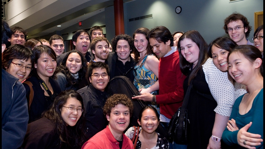 Gustavo Dudamel surrounded by exuberant members of MITSO following the Friday night rehearsal